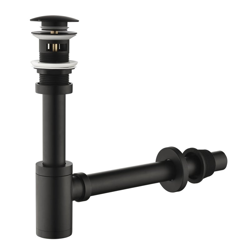 GORDEE Bathroom Sink Stopper P-Trap Complete Set Adjustable Bottle Trap Solid Brass Sink Drain Kit Tube and Pop Up Drain Stopper Set with Overflow, Matte Black - Image 1